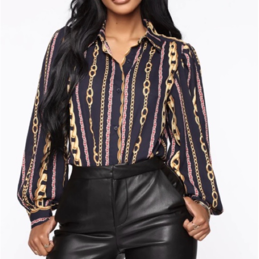Ovi Black and Gold Chain Pattern Blouse Sz L - Picture 1 of 5